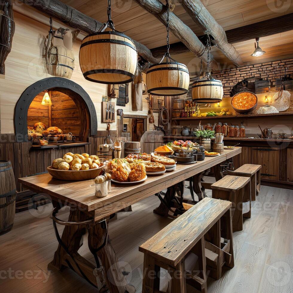A large wooden table with a lot of food on it photo