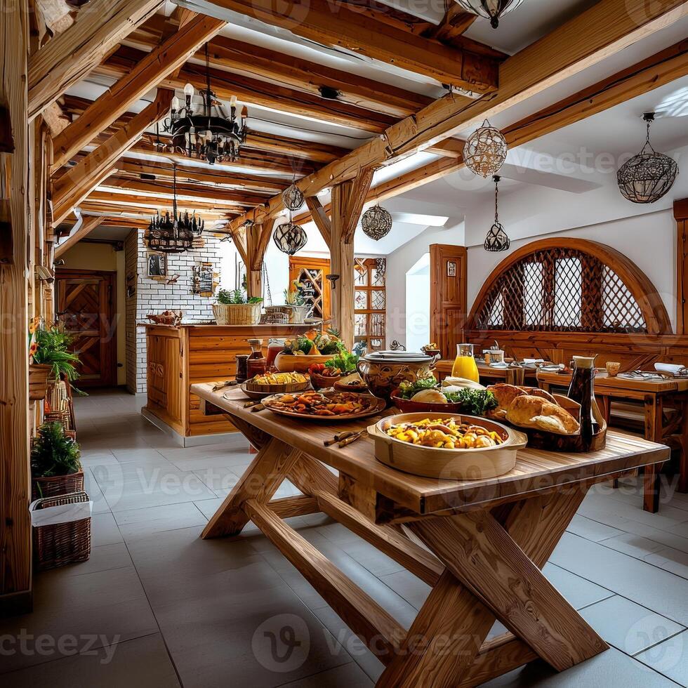 A table with food and a chandelier in a restaurant photo