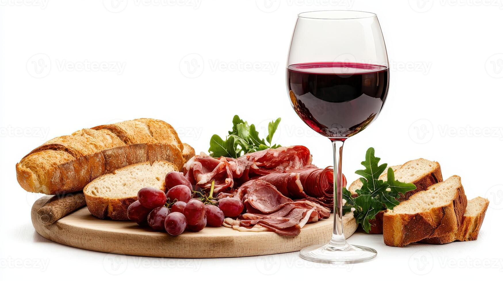 A glass of red wine and bread with ham and grapes photo