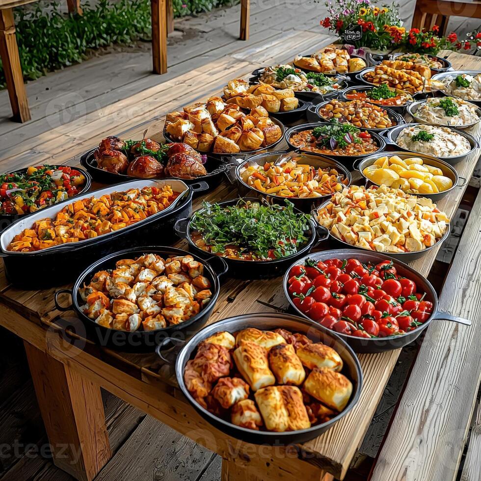 A table with many dishes of food on it photo