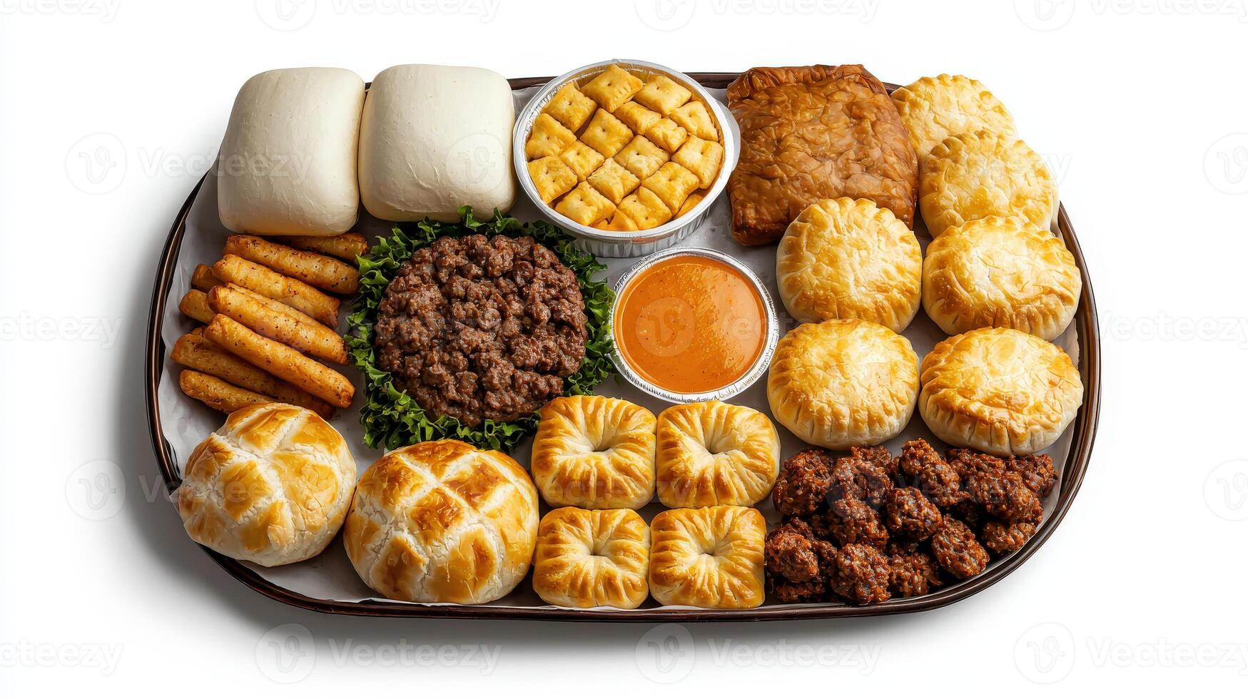 A tray of food with various types of food photo