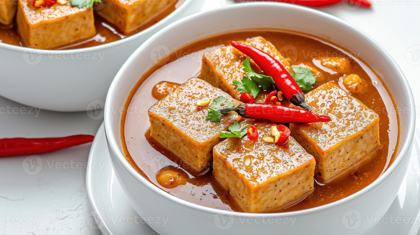 Two white bowls filled with tofu and chili peppers photo