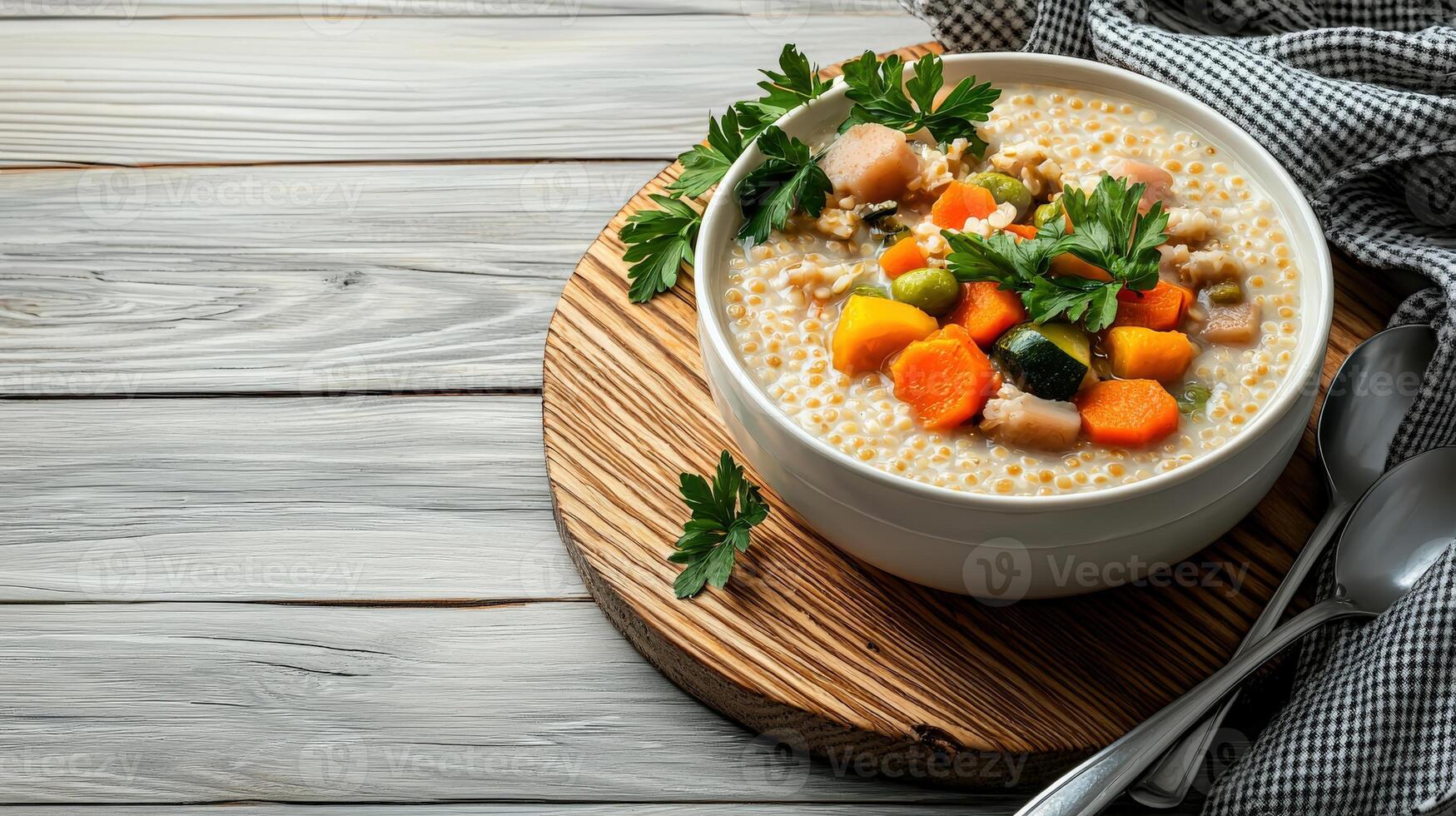 A bowl of oatmeal with vegetables and herbs on a wooden table photo