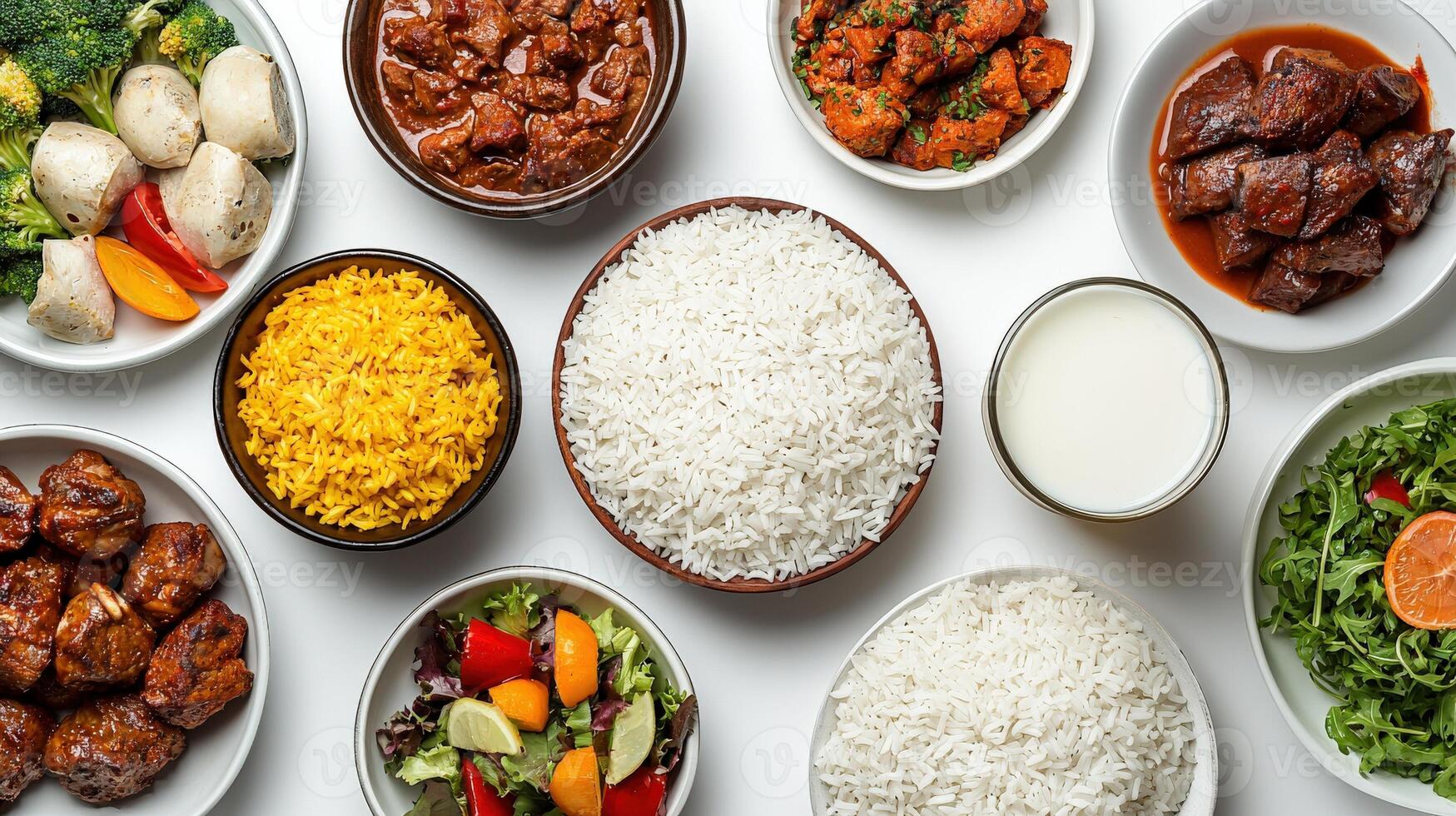 Various dishes of food are arranged on a white surface photo