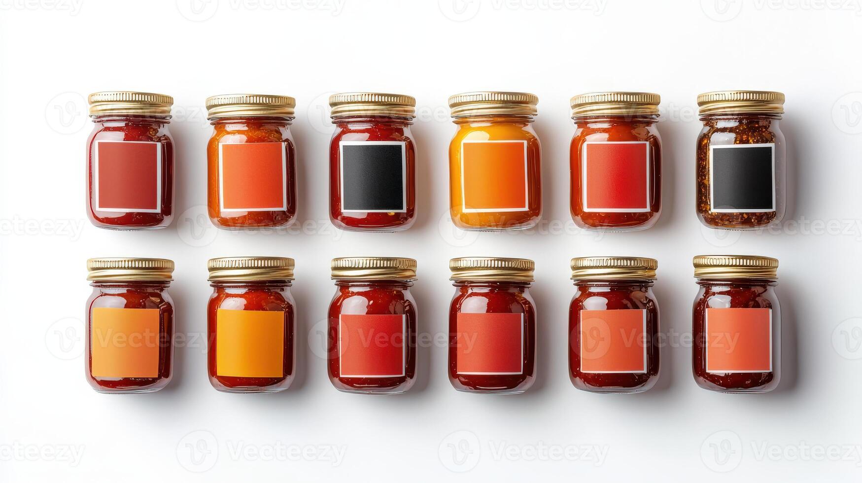 A collection of jars with different colored sauces photo