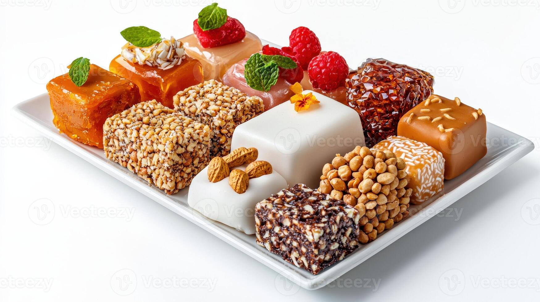 A white plate with assorted candies and nuts photo