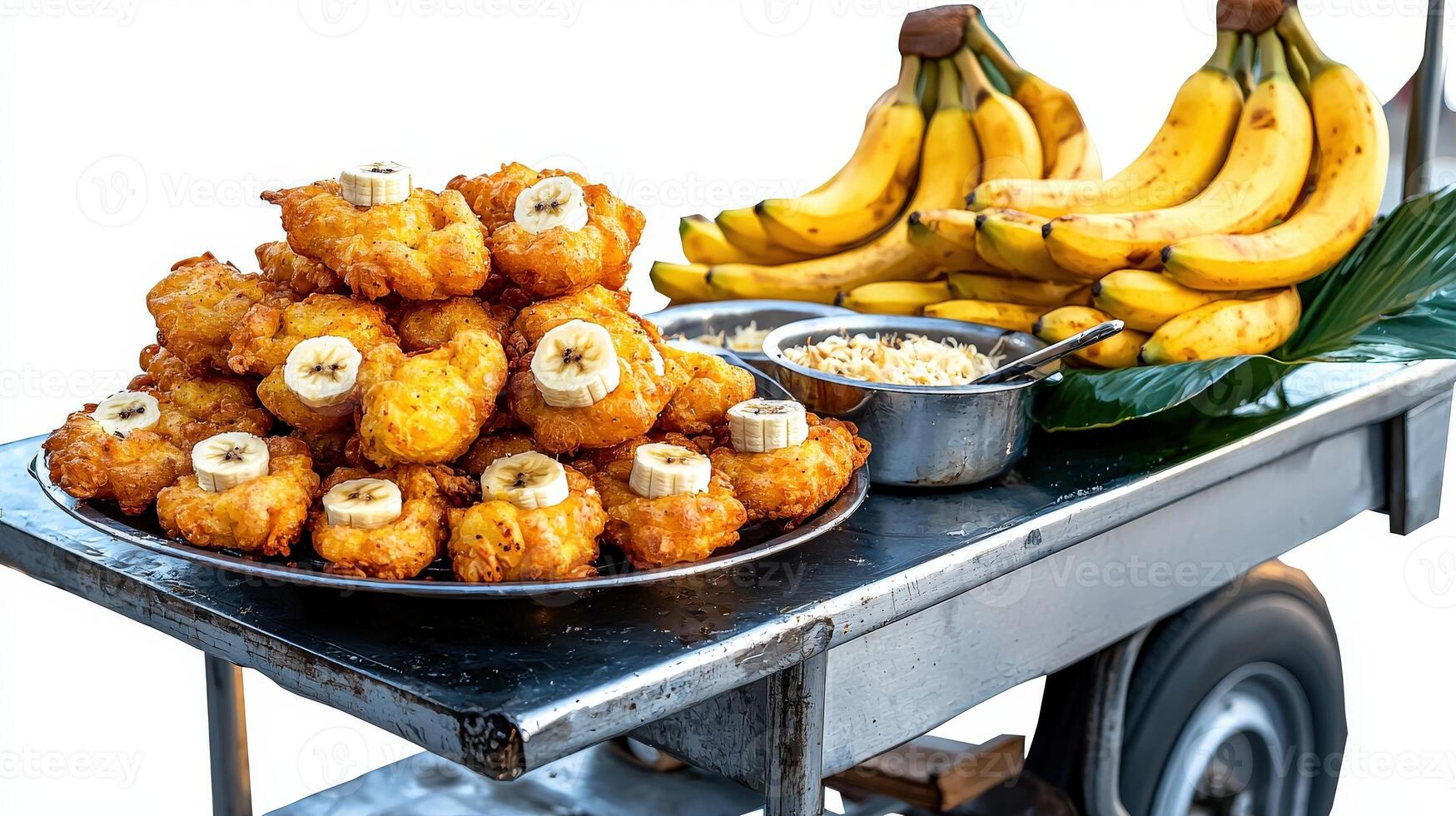 A cart with a bunch of bananas and a bunch of donuts photo