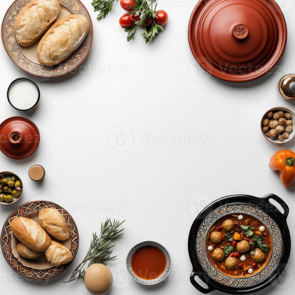 Various types of food and ingredients arranged in a circle photo