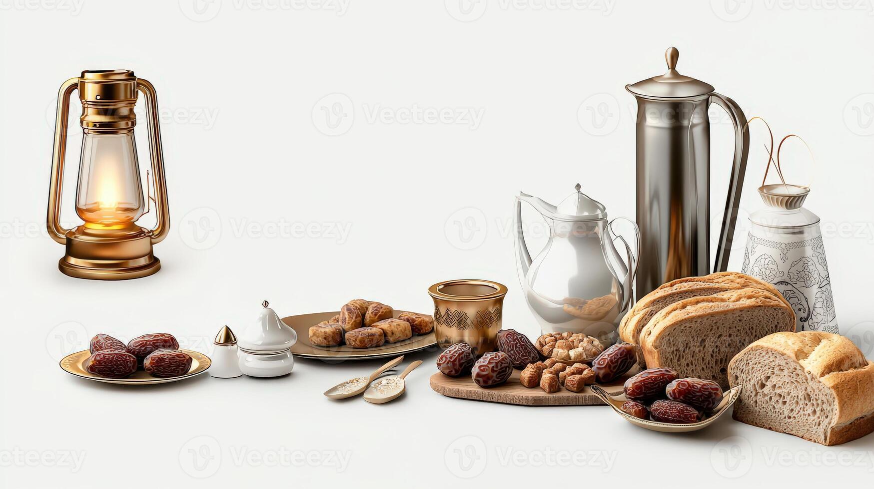 A variety of food items including bread, dates, and nuts photo