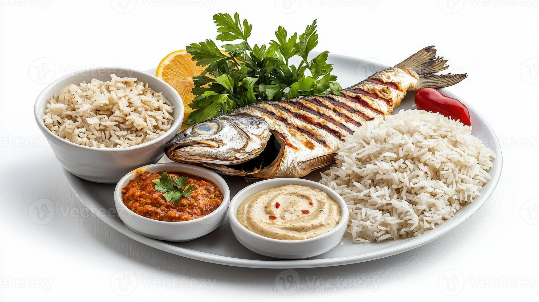 A plate with rice, fish, and vegetables photo