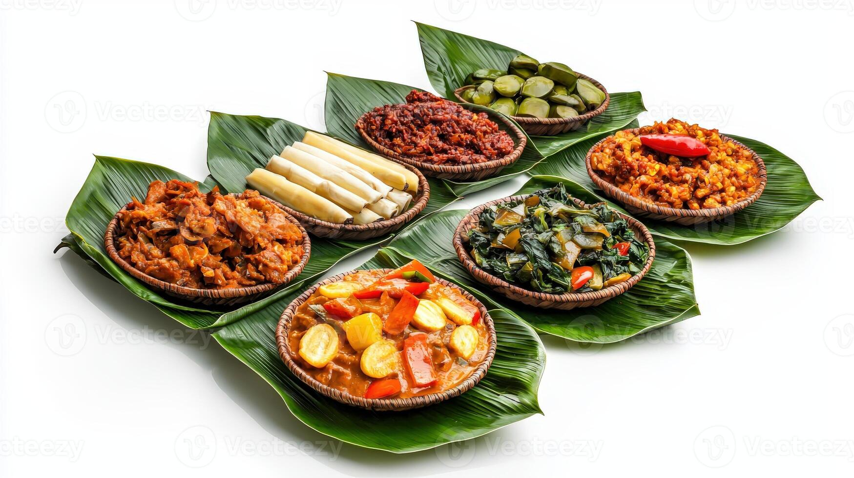 A group of different types of food on banana leaves photo