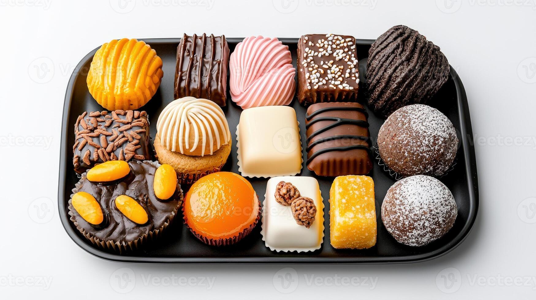 Assorted chocolates and sweets in a black tray photo
