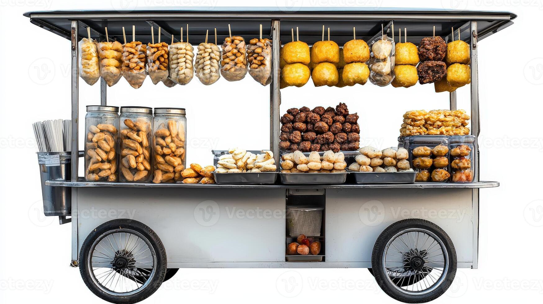 A food cart with various types of food photo
