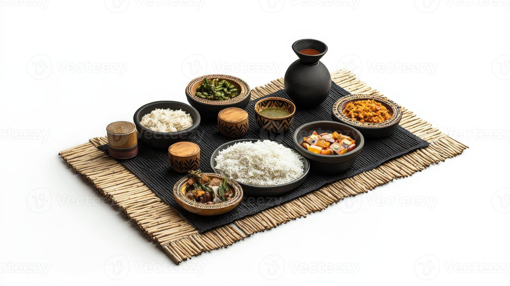 A black tray with bowls of food on it photo