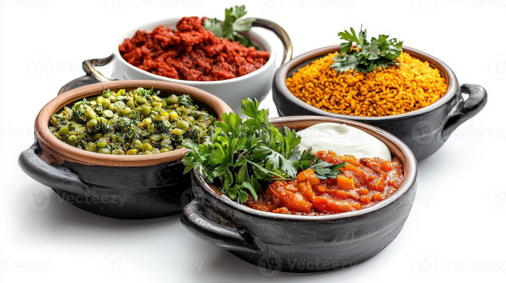 Three bowls with different types of food in them photo
