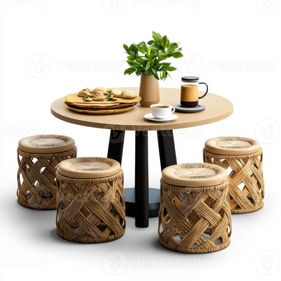 A round table with four stools around it photo