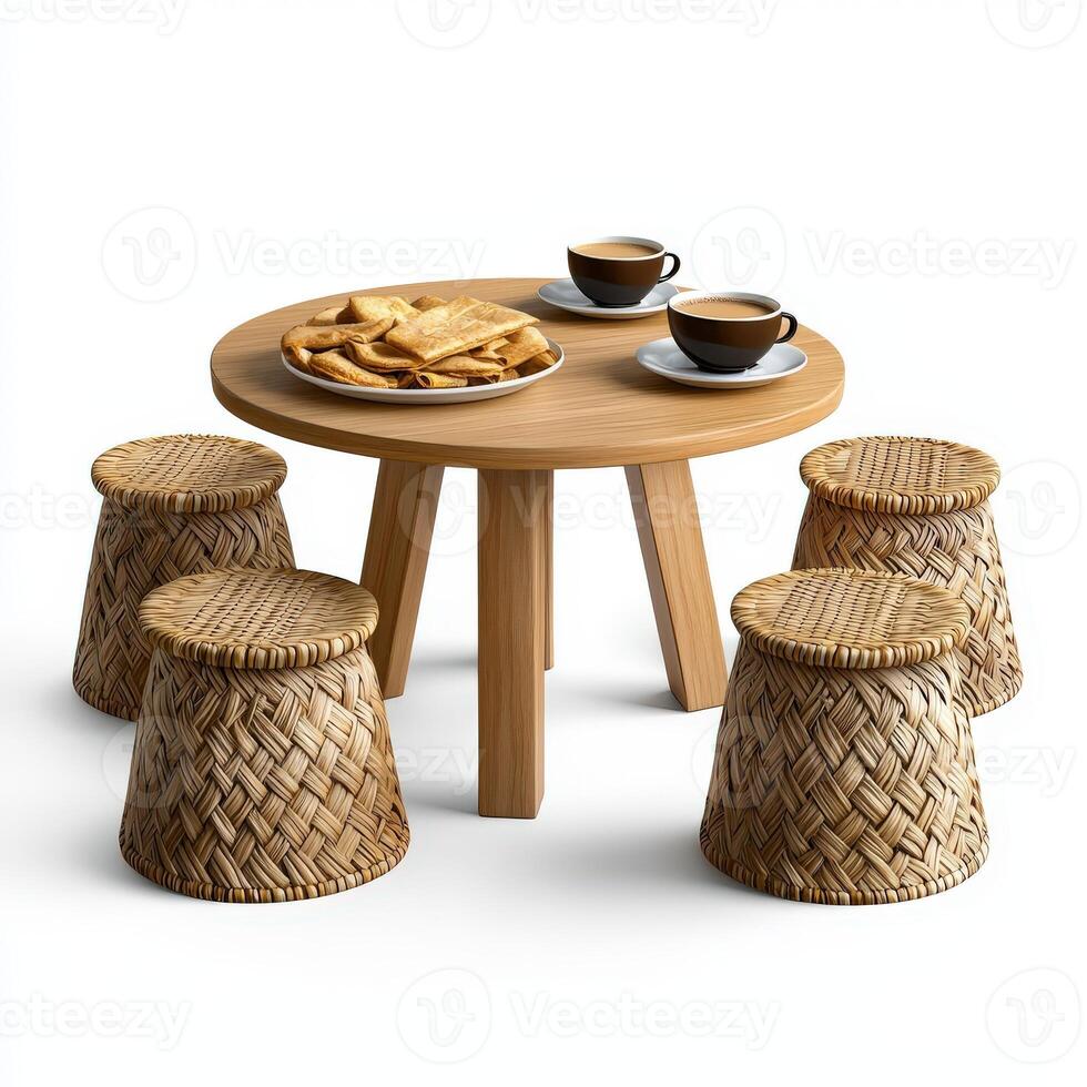 A table with four stools and a cup of coffee photo