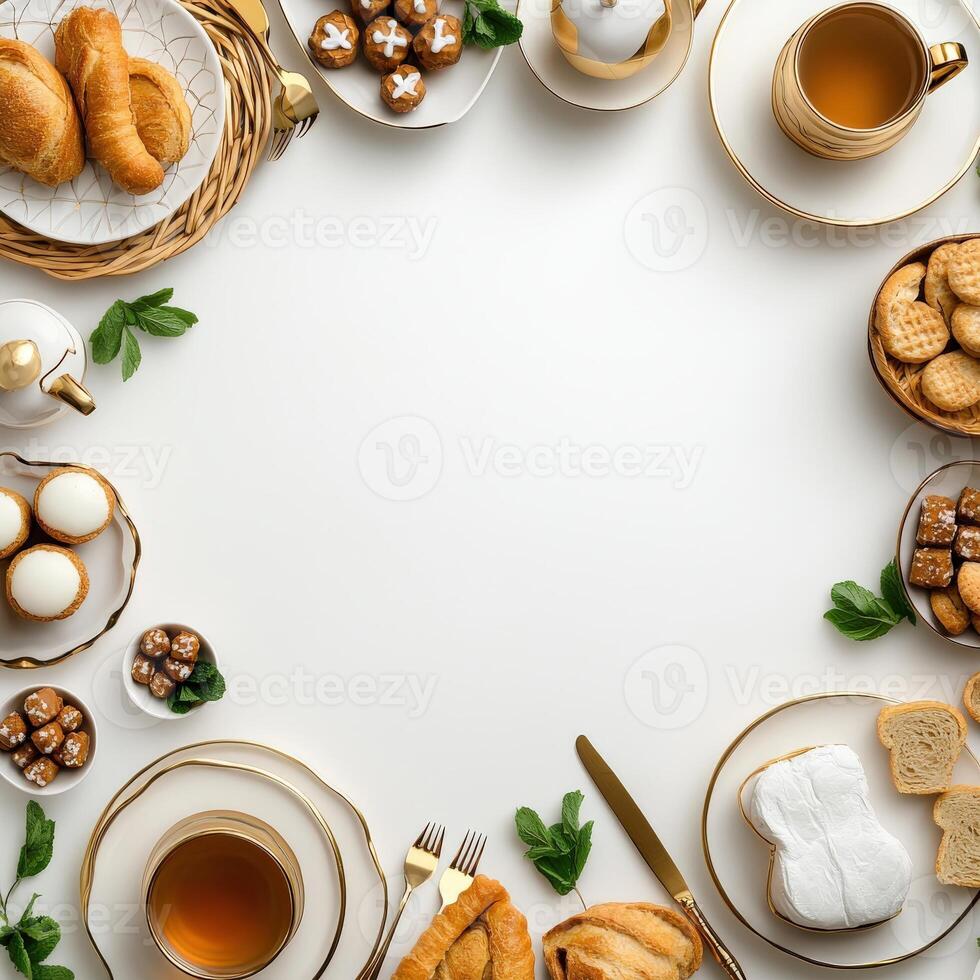 Easter breakfast with croissants, coffee, tea, biscuits, eggs, bread, and photo
