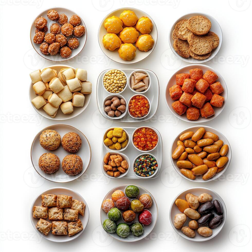 A bunch of different types of food on a white surface photo
