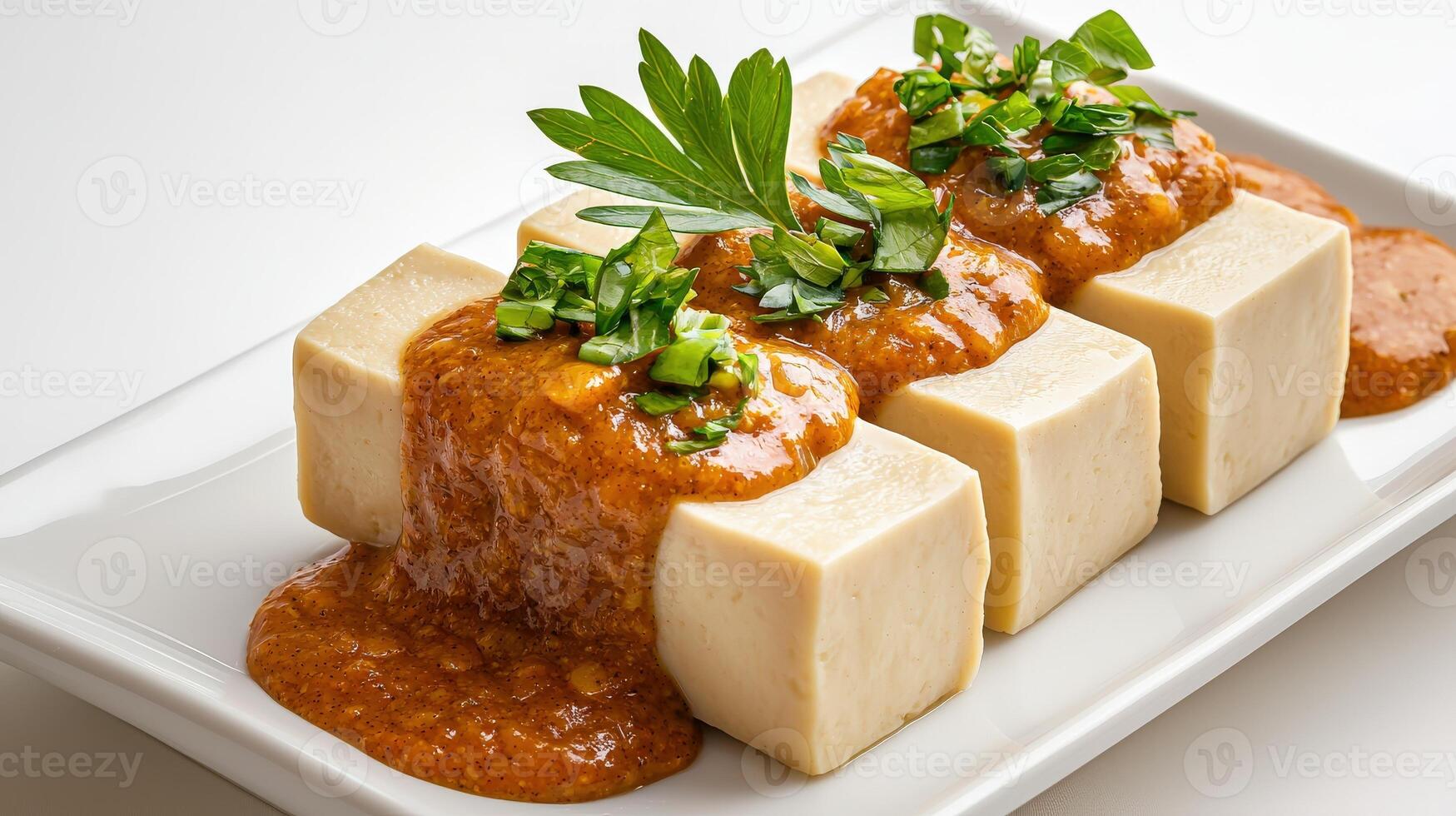 A plate of tofu with sauce and garnish photo