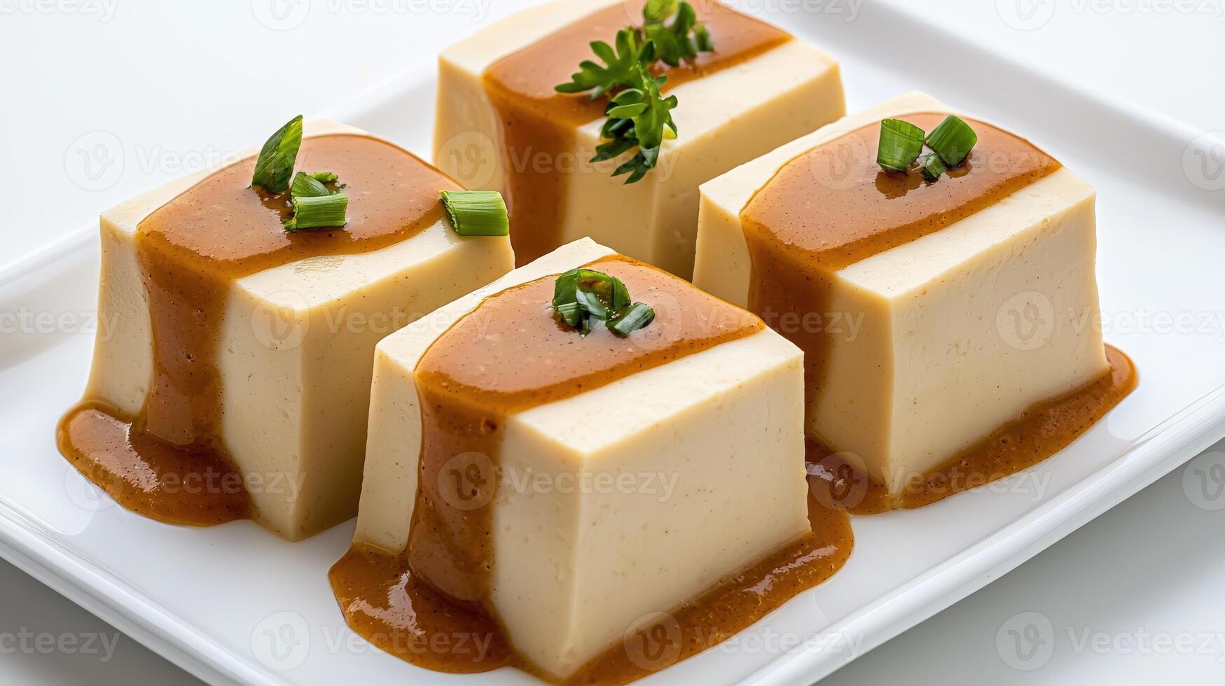 Four squares of ice cream with sauce on top photo