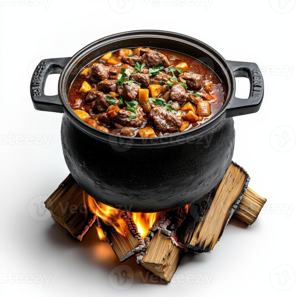 A pot of stew sitting on top of a fire photo