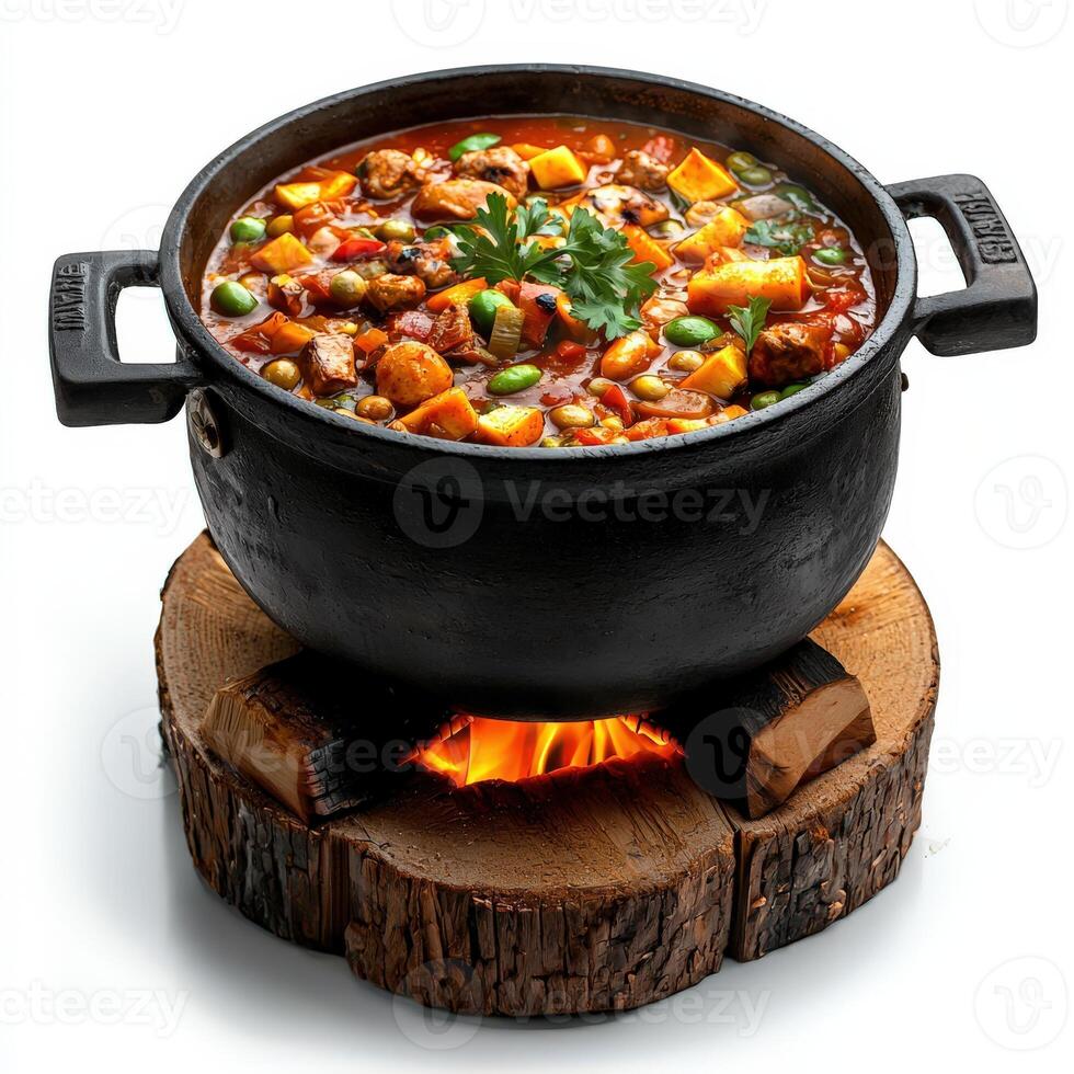A pot of stew sitting on top of a wooden log photo