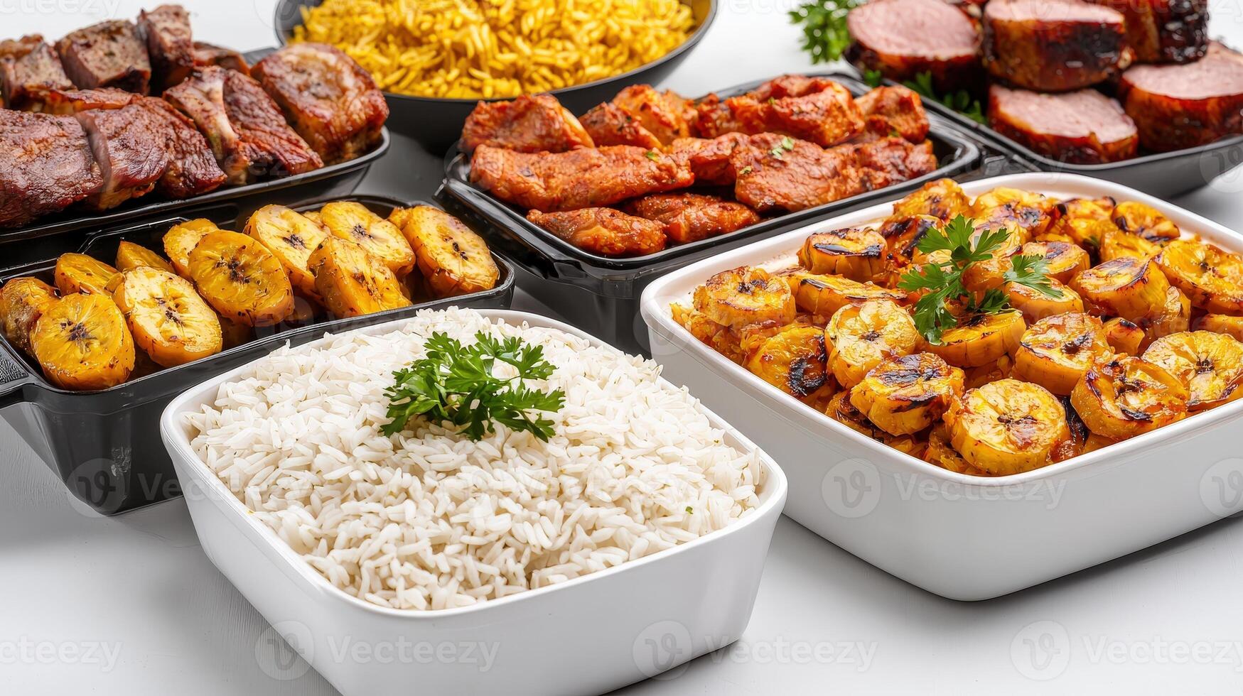 Various types of food in black containers photo