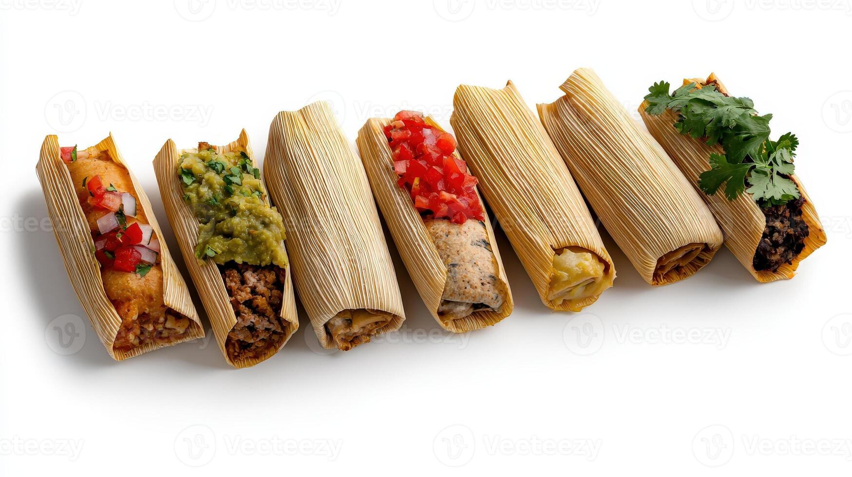 A group of tamales with different toppings photo