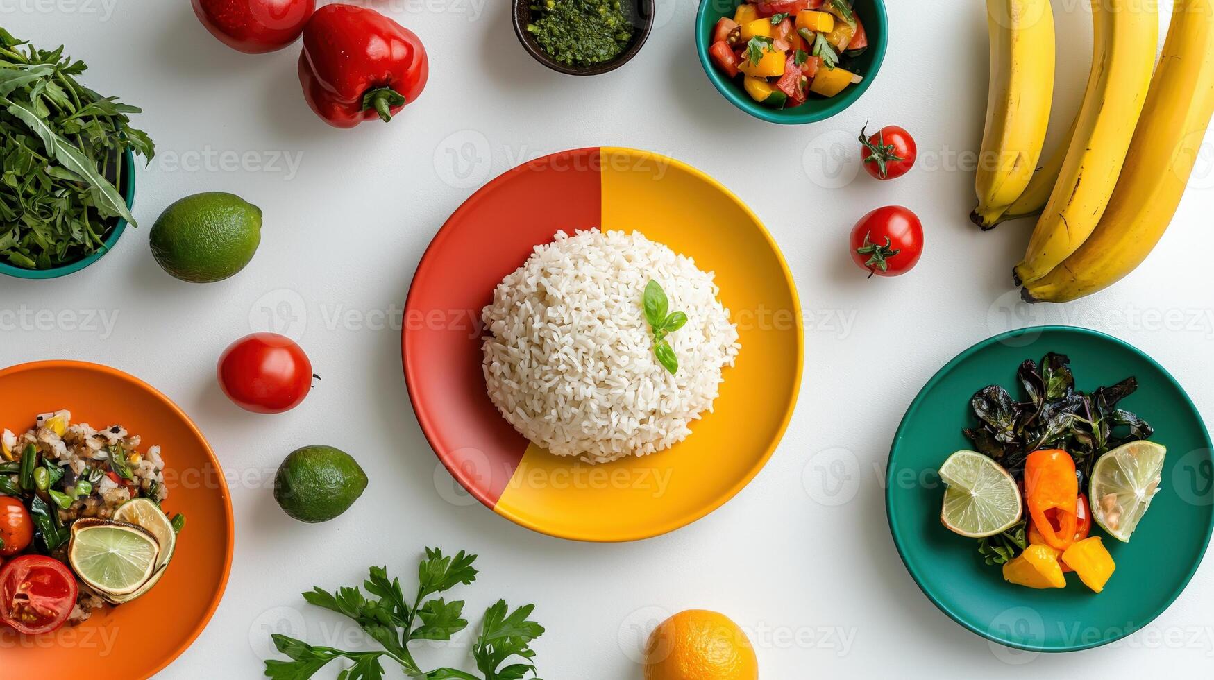 A variety of colorful plates with rice, vegetables and fruit photo