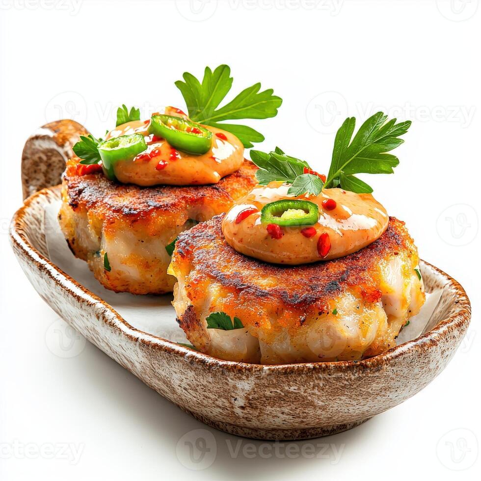 Two crab cakes are sitting on a plate photo