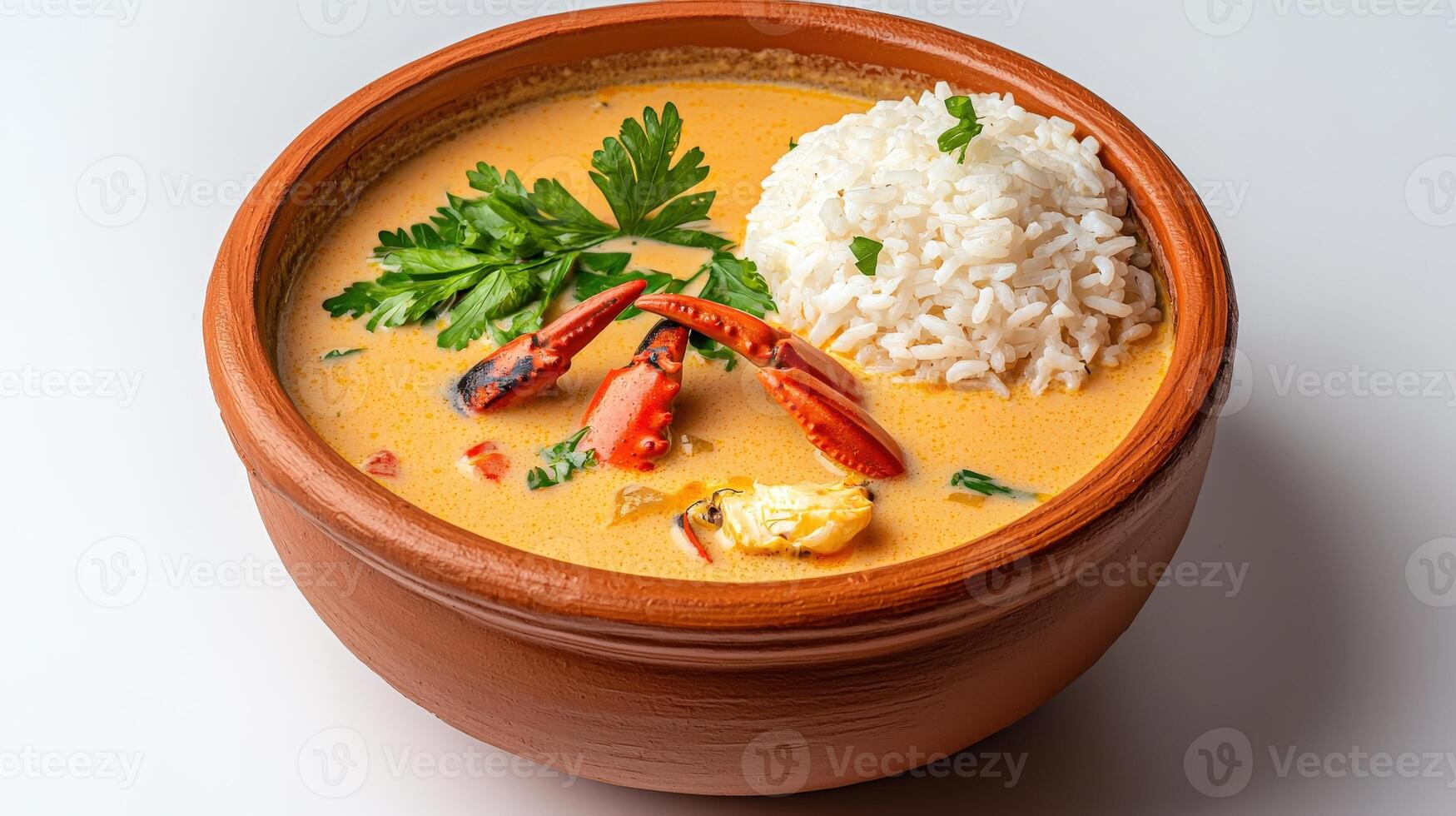 A bowl of curry with rice and a crab photo