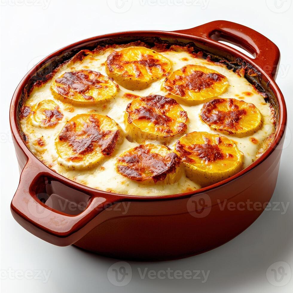 A casserole dish with cheese and potatoes photo