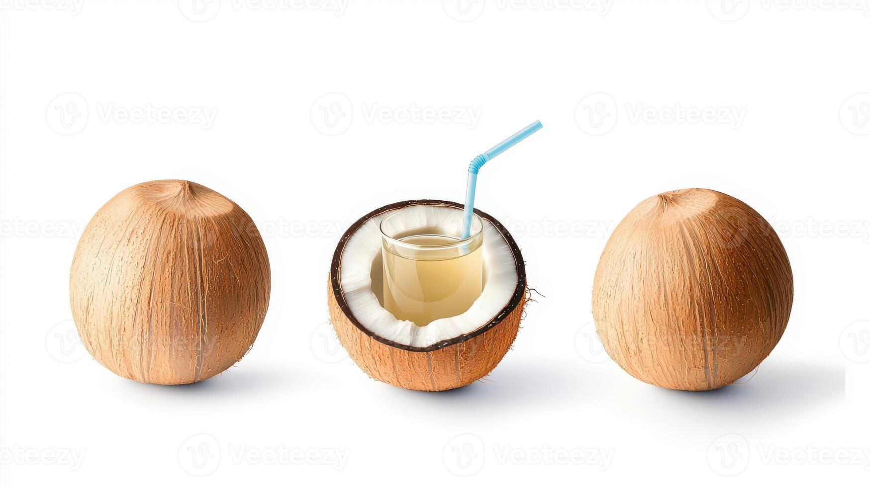 Coconut juice with straw and half open coconut photo