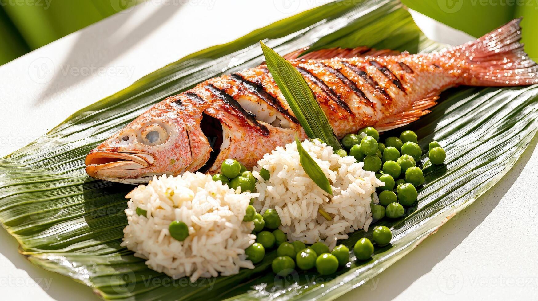 A fish on a leaf with rice and peas photo