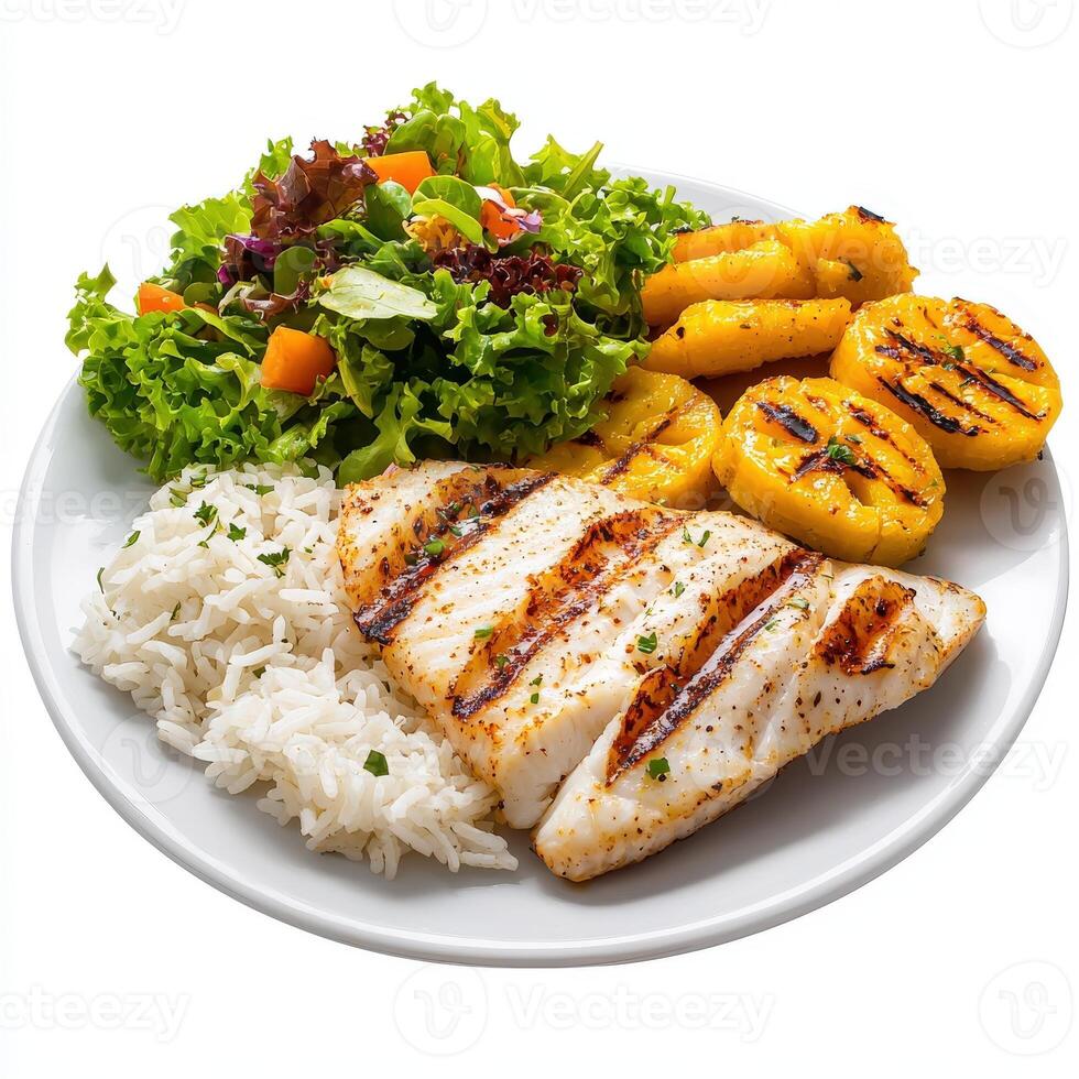 Grilled fish with rice and vegetables on a white plate photo