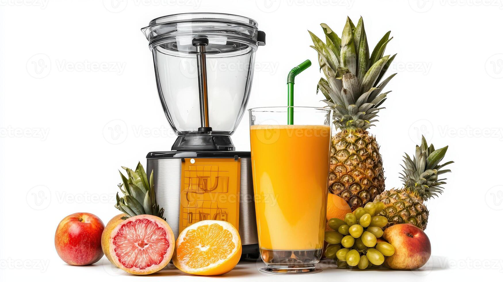 A blender with fruit and juice on a white background photo