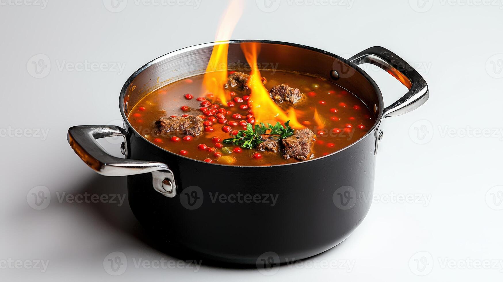 A pot of soup with meat and vegetables on fire photo