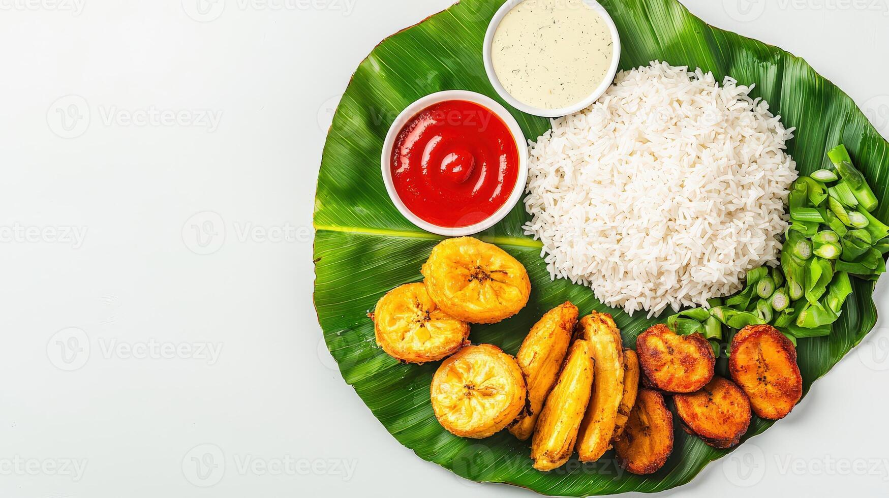 A plate with rice, vegetables and sauce on a leaf photo