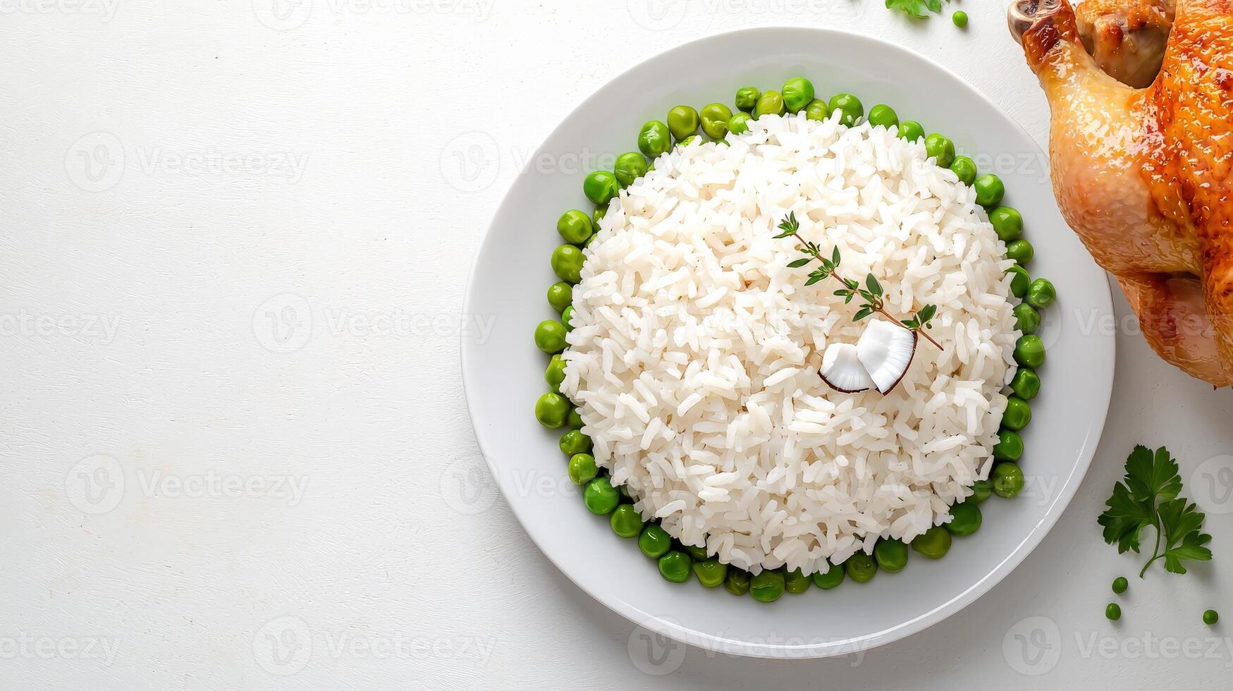 Turkey and rice on white plate photo