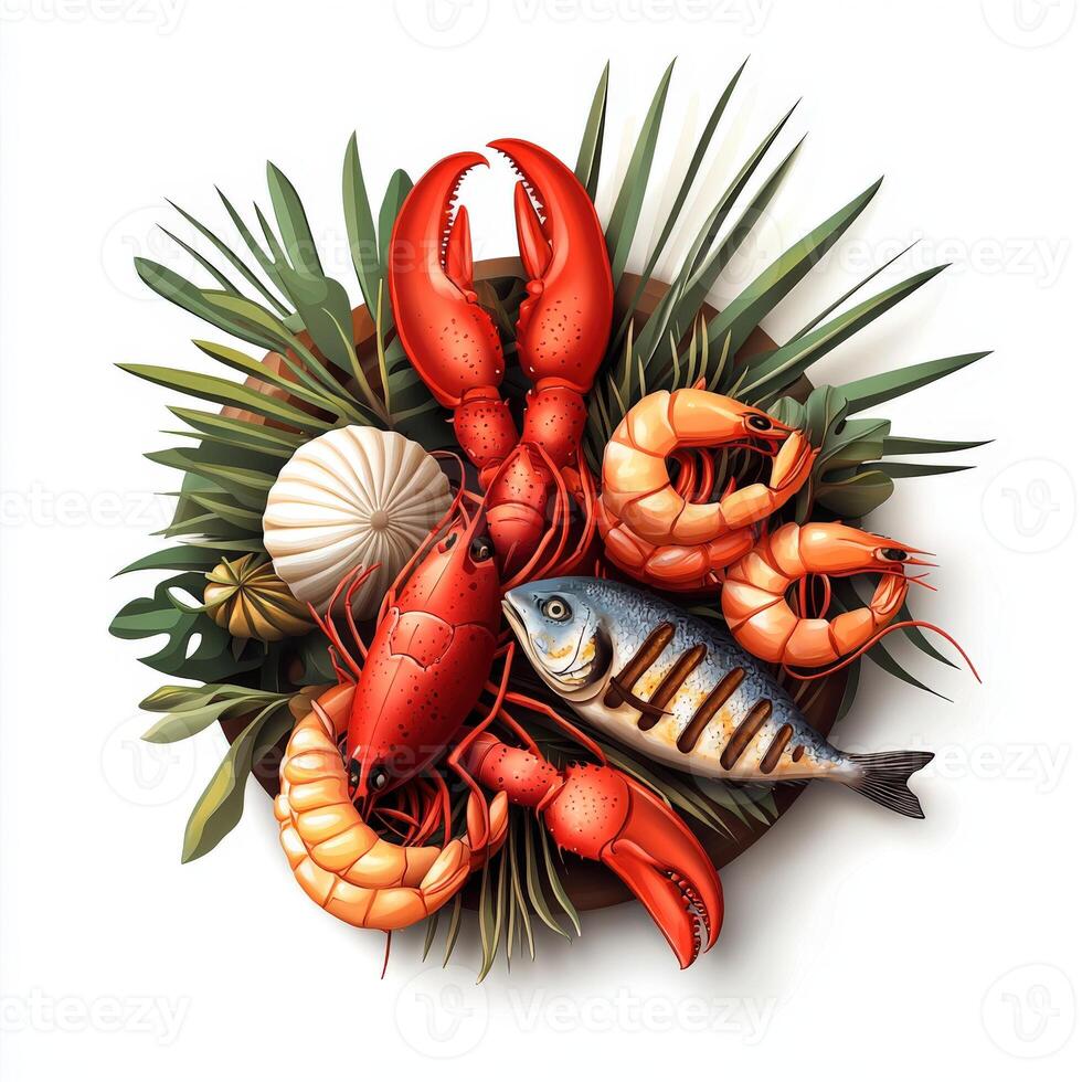 Lobster, shrimp and fish on a plate with leaves photo
