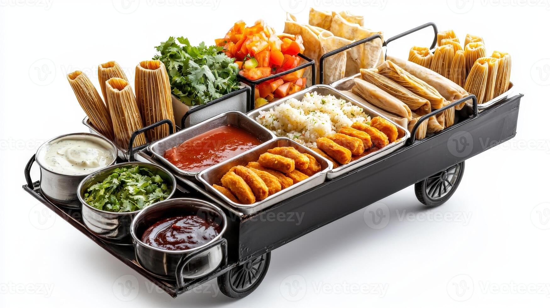 A cart with food on it and a white background photo
