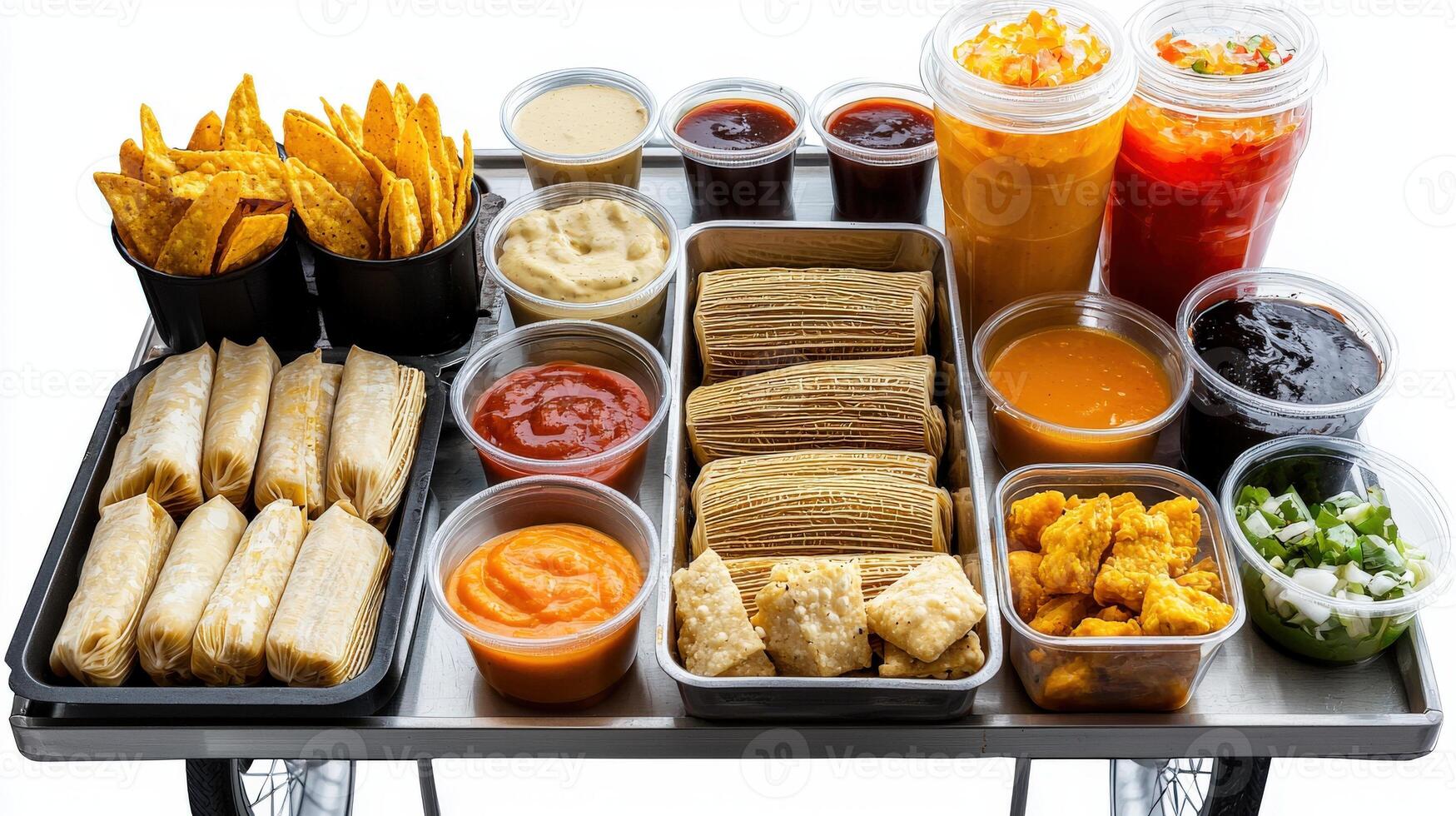A cart filled with food and condiments photo