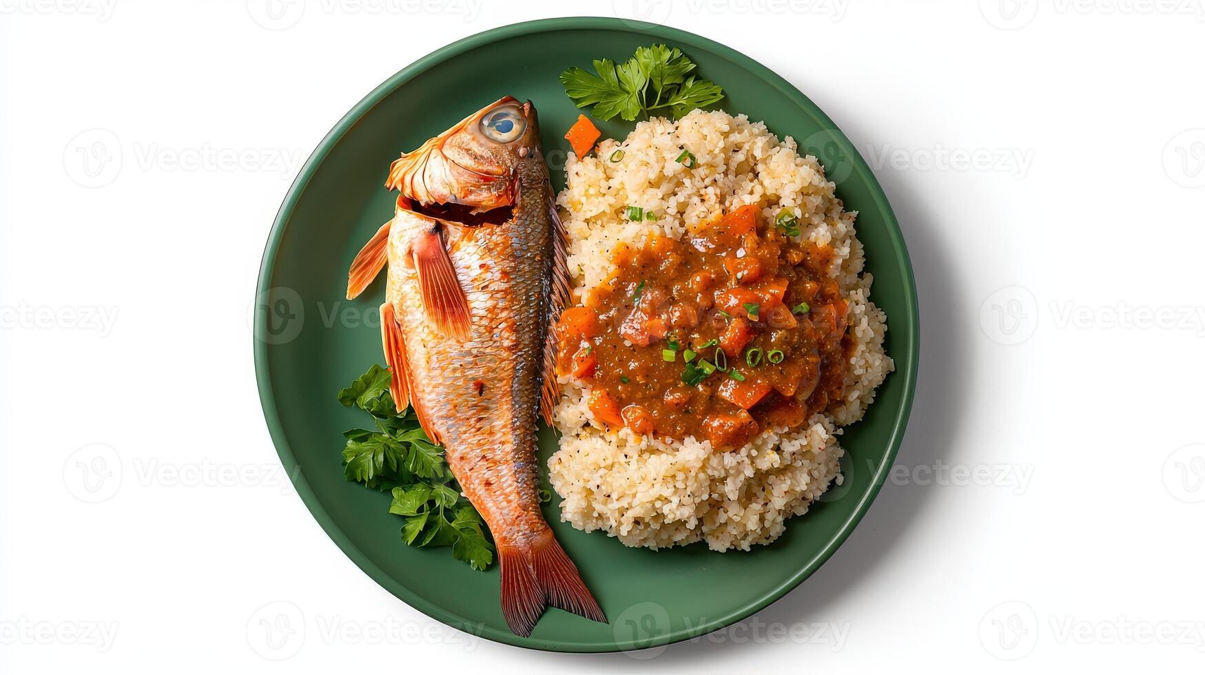 A fish and rice dish on a plate with a green plate photo