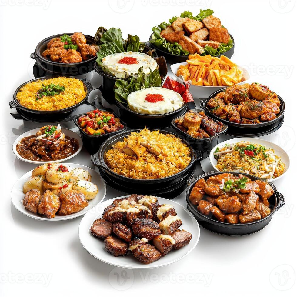 A variety of dishes are arranged in black bowls photo