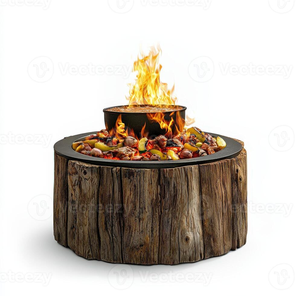 A fire pit on top of a log with flames photo