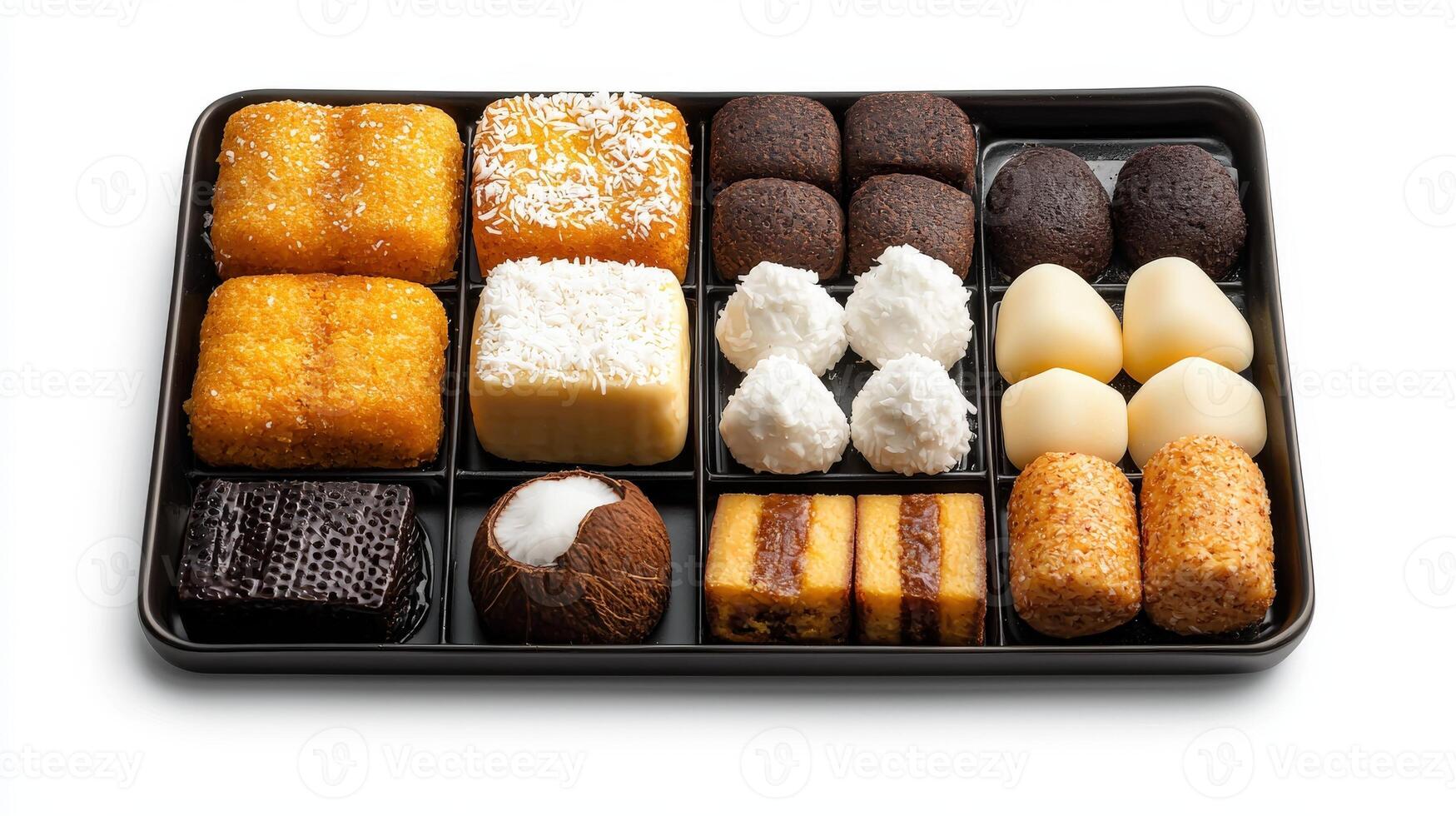 A tray of assorted pastries on a white background photo