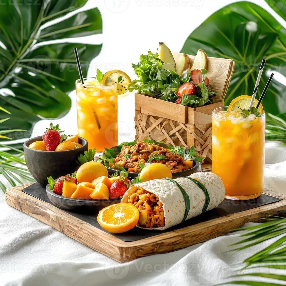 A tray of food with drinks on a table photo