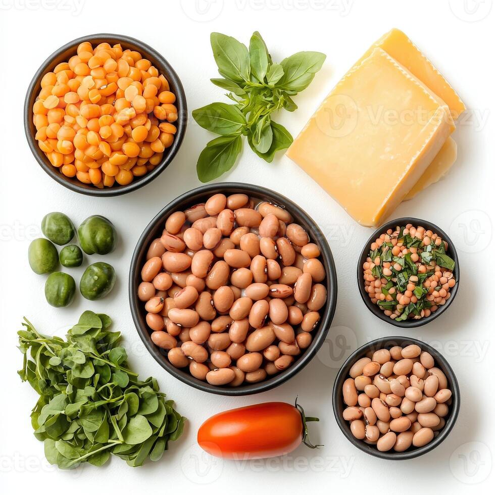 Various types of beans, cheese, and vegetables photo