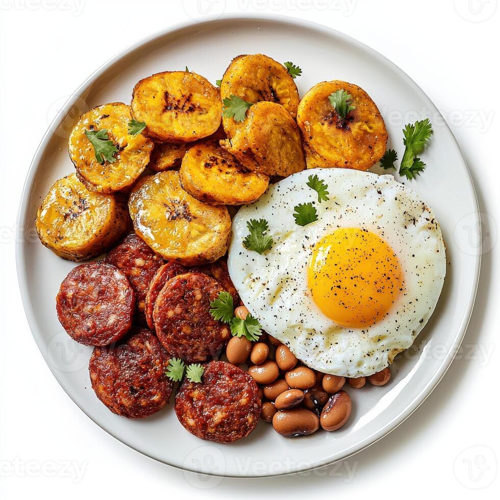 A plate of food with beans, eggs, and sausage photo